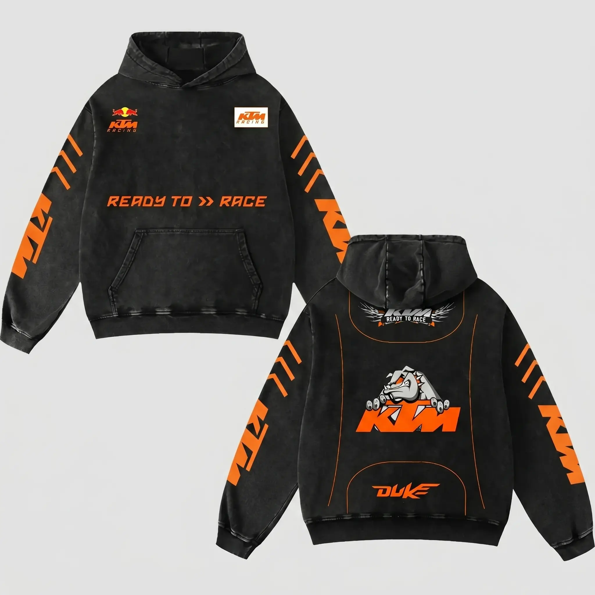 Revion - Retro Redbull x KTM Racing Heavyweight Oversized Racing Hoodie - Vintage Washed Black MotoGP Graphic Sweatshirt - Y2K Grunge Streetwear - Moto Gear Motorbike Men’s Apparel