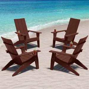 Set of 4 Modern Adirondack Chairs Plastic Outdoor Fire Pit Seating All-Weather Patio Furniture for Lawn Backyard Deck Garden Camping in Coffee