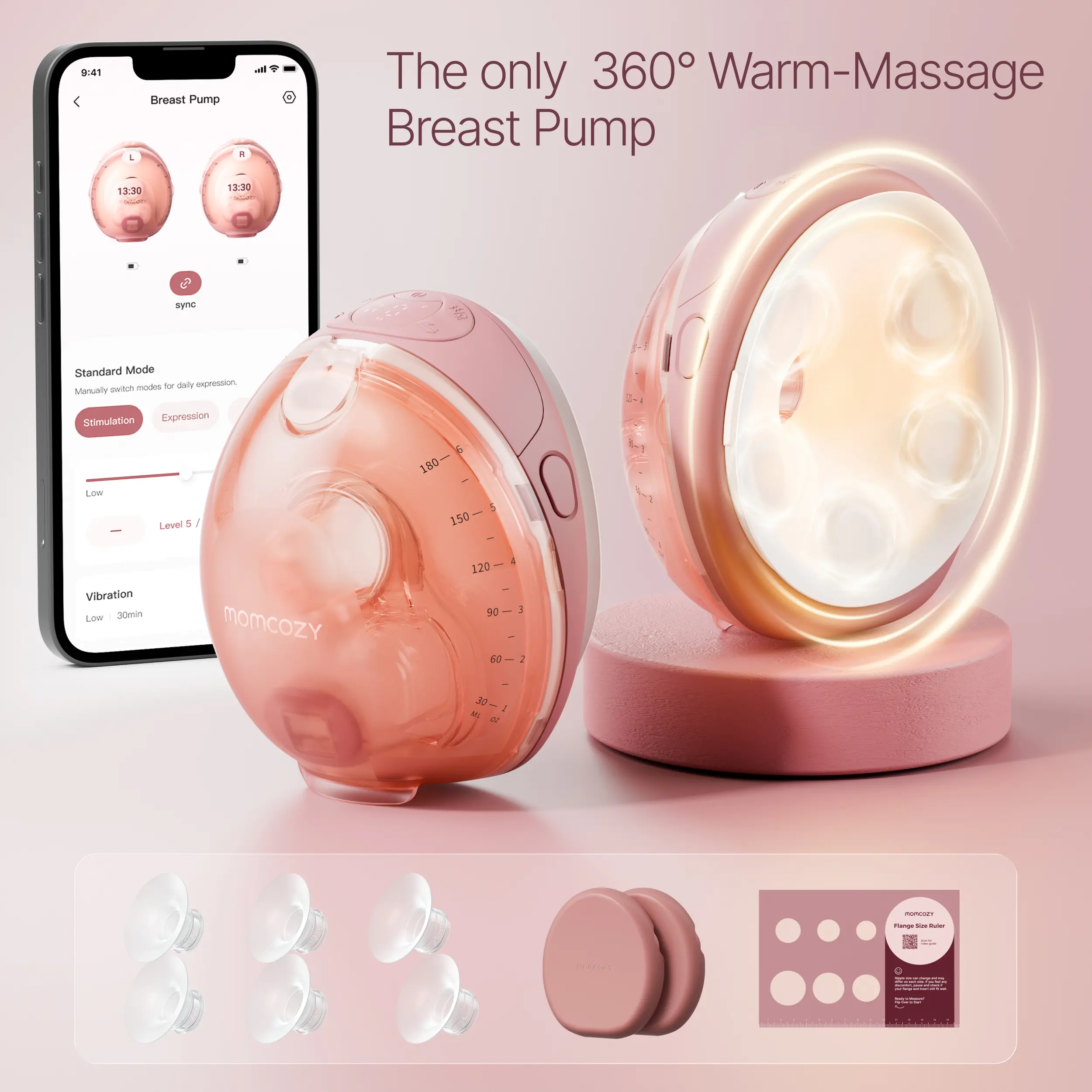 Momcozy Wellness 1 Wearable Breast Pump, Warm-Massage Hands-Free Pump with Heated Flange&Simulated Massage for Comfortable Breastfeeding&Let-Down, App-Controlled, 4 Modes 12 Levels, 180ml/6oz Milk Machine