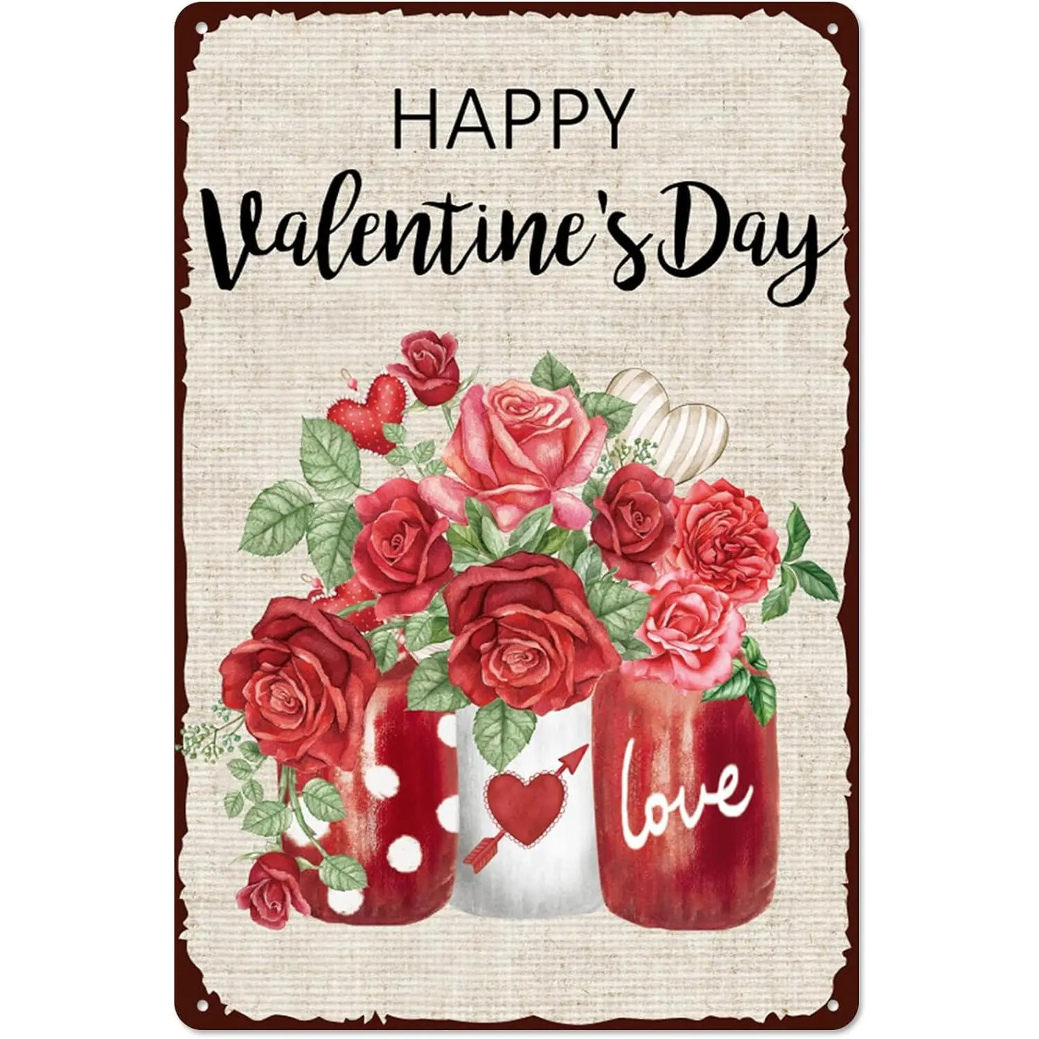 Rustic Farmhouse Valentine's Day Tin Sign - "Happy Valentine's Day" Red Roses Mason Jar Wall Art, Lightweight Hanging Door Plaque, Vintage Shabby Chic Decor, Wife Gift for Party, Wreath Pairing, Wardrobe Accent, Casual/Gorpcore Style (Multiple Sizes)