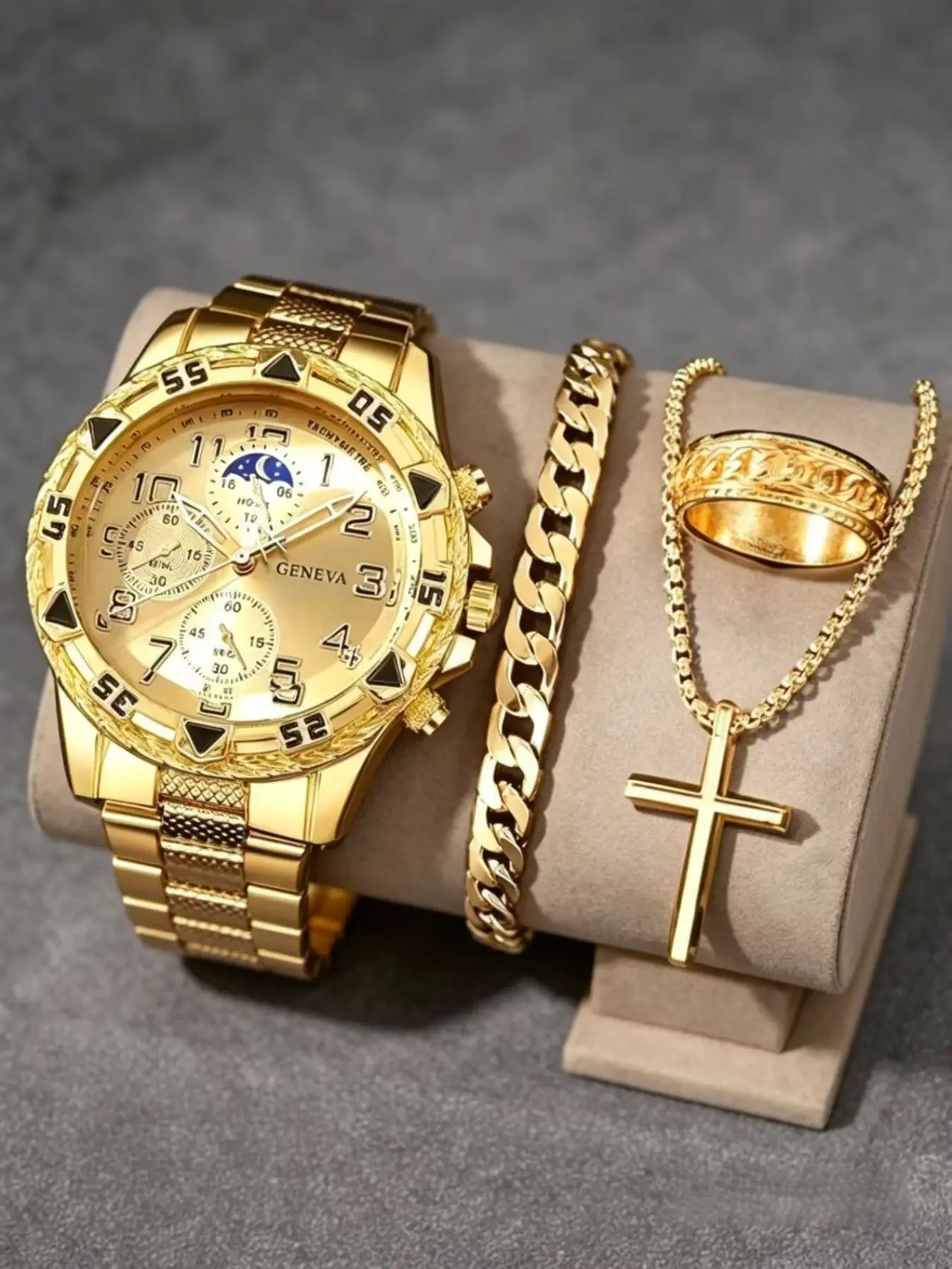 4PCS Men's Watch Set, Luxury Style Gold Men's Matching Accessories, Elegant Round Dial, Suitable For Daily Matching And Gifts, Trendy Quartz Wristwatch, High End Watch, Stylish Watch, Fashionable Wristwatch, Quartz Watches, Analog Watches