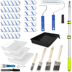 Roller Kit with Extension Pole, 27 count Set, 2 to 4 Ft Pole, 4"9"  Rollers,  Brushes Set for Professional Painting,House  Roller for All Latex and Oil Paints & Stains