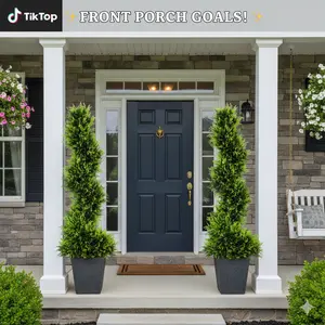 39 inchBoxwood Artificial Cedar Spiral Topiary Trees – Decorative Fake Greenery in Planter Pots for Front Porch, Outdoor Walkway, Entryway Decorating, Set of 2