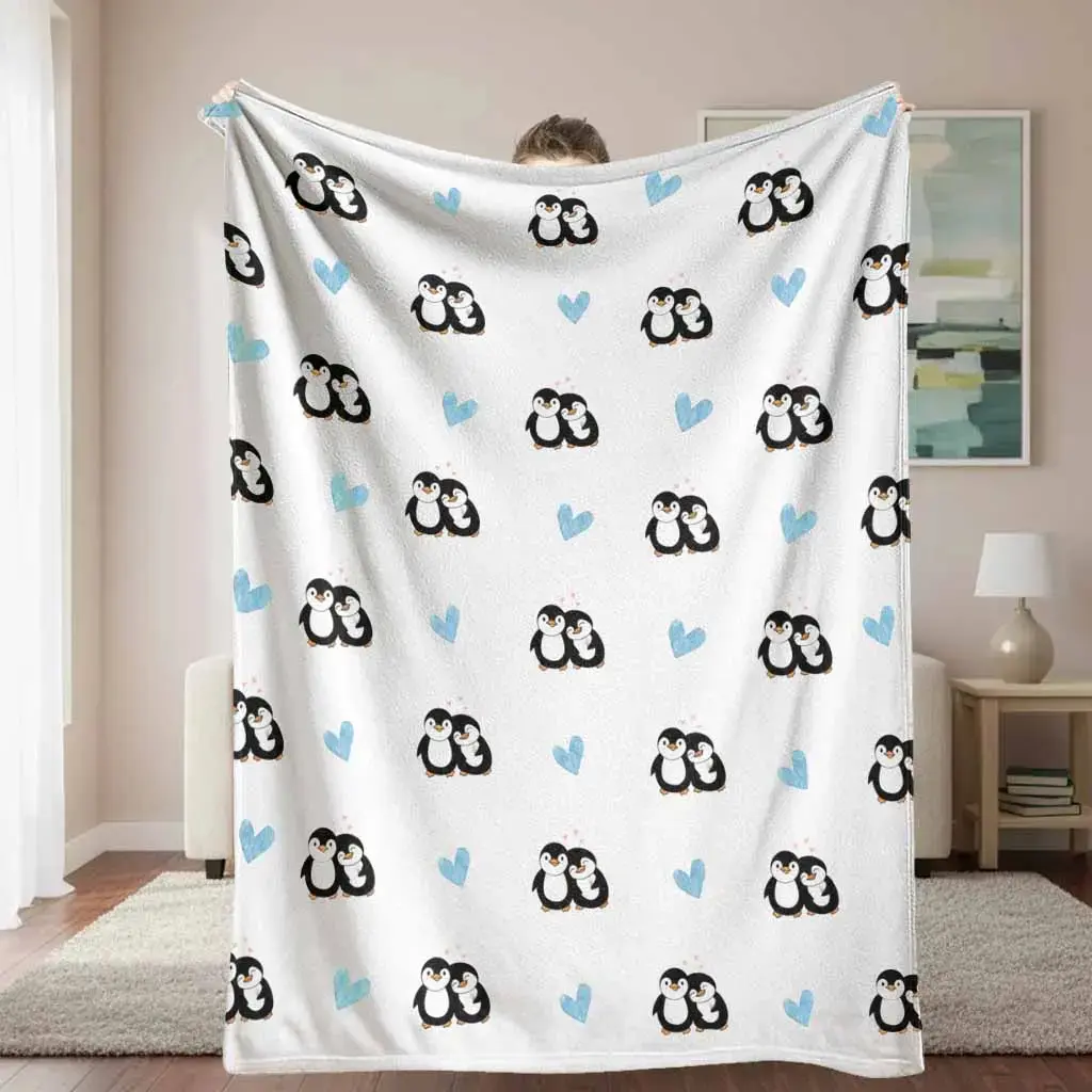 Cute penguin & light blue heart pattern flannel blanket, wrinkle-resistant, breathable, durable, cozy warm lightweight throw, suitable for sofa, office, travel, everyday use, baby-friendly, multiple sizes, machine washable, holiday gift
