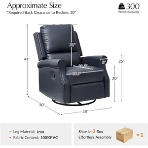 HULALA HOME Faux Leather Swivel Rocker Recliner with Adjustable Backrest and Footrest, Push Back Recliner Chair with Nailhead Trim, 360 °   Swivel Glider Rocking Chair for Living Room Bedroom, Navy