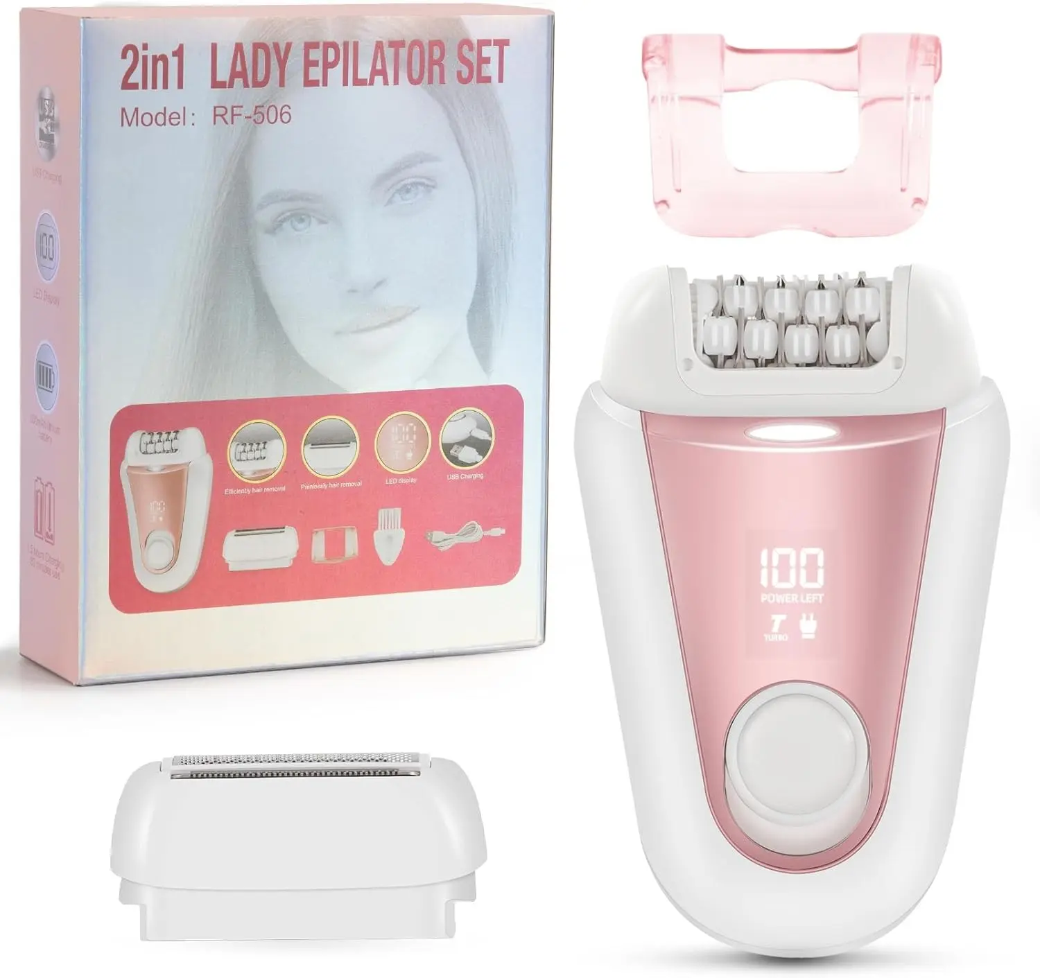Women's 2-in-1 Epilator & Shaver Kit, Cordless Gentle Electric Hair Remover for Legs & Body, 2-Speed 32-Tweezer Device with LED Light, Rechargeable Wet/Dry Use for Smooth Skin, Hair Removal