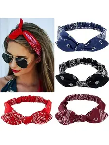 4pc Paisley Pattern Printed Headband, Vintage Bow Knot Elastic Hairband, Knotted Headband, Women's Headwrap With Paisley Flower And Rabbit Ears For Festival Decoration, School Stuff, Headbands Fall Winter Hair Band
