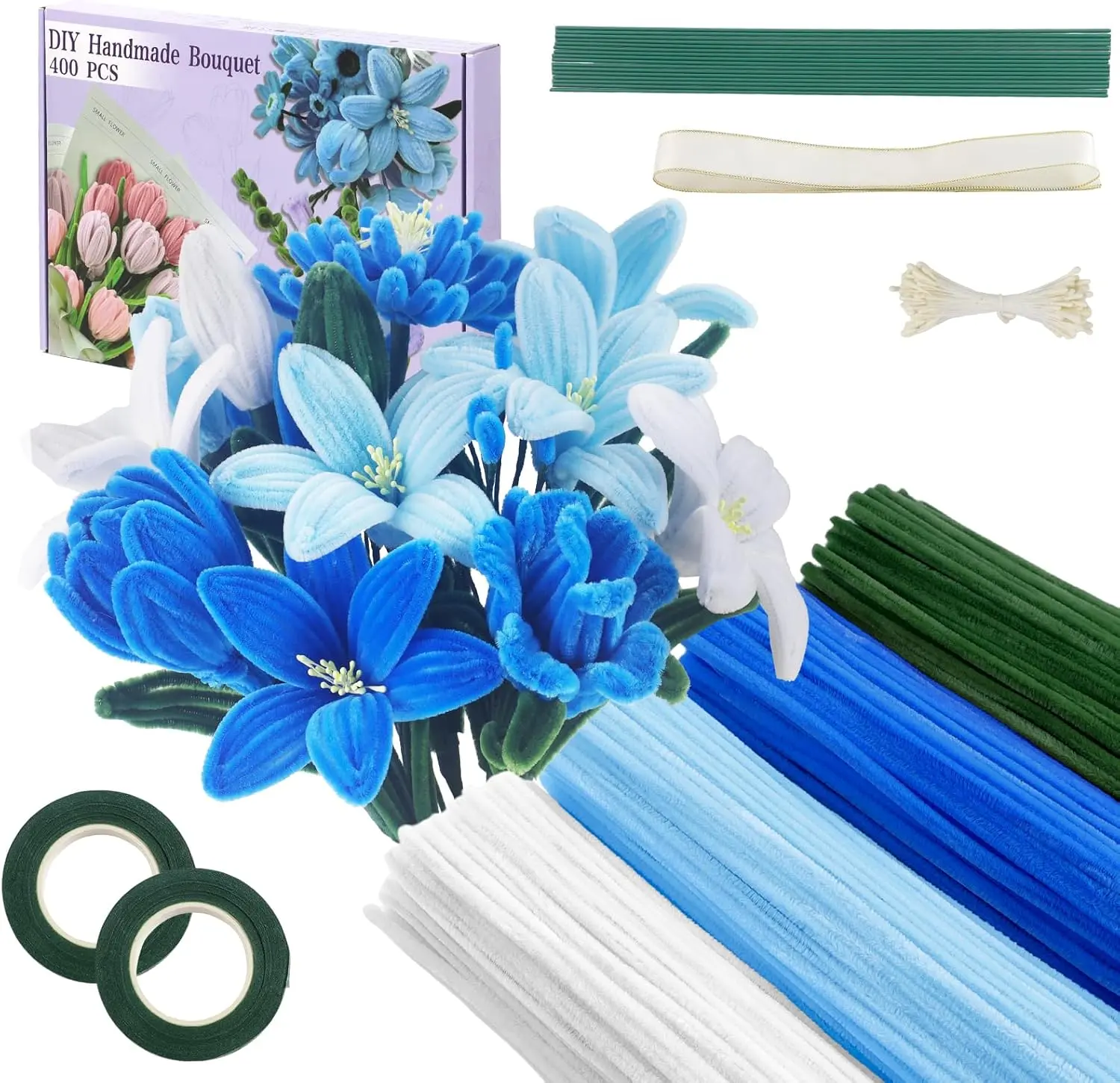400 Pcs Chenille Stems Pipe Cleaners Craft Bulk - 4 Assorted Colors, with Floral Wires, Gardening Tape, Stamen & Ribbon for DIY Flower Making (Blue)