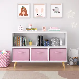 Bookshelf with 3 Fabric Storage Bins Multi-Functional Kids Bookcase Toy Organizer Front-FacingDisplay Shelf for Playroom Bedroomor Nursery