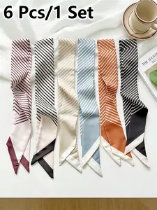6 Pcs / 1 Set Vintage Striped Elegant French Style Polyester Scarf Set, Women and Girls, Multifunctional Headband, Woven Ribbon, Bag Accessories, All Season, Polyester Material, Scarf Set For Women