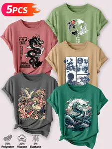 Women's 5Pcs Fitted Crew Neck T-Shirts, Animal Tee, Round Neck, Womenswear, Japanese Dragon Koi & Crane Series Print, Multiple Colors Available, Machine Washable, Spring & Summer Tops, Soft Skin-Friendly Fabric, Daily Versatile, Casual Fashion Design