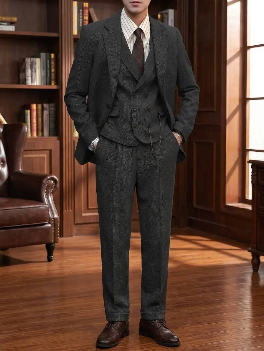 Men's Classic Herringbone Tweed 3-Piece Woven Full Suit Set, Vintage Formal Longsleeve Menswear with Button Closure, Winter Wedding & Business Workwear for Photo-Ready Outfits