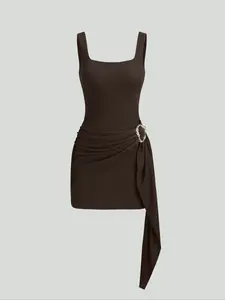 Women's Spring Summer Minimalist Bodycon Party Dress, Metal Buckle Square Neck, Textured Wave Fabric, Perfect for Parties