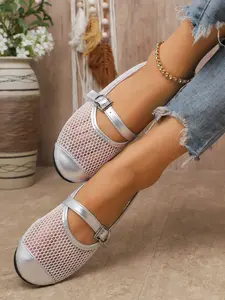 Summer Mesh Single Shoes, Rhinestone Hollow Out Breathable Net Shoes, French Style Dress Match Design, Low Heel Flat Walking Shoes for Women 2026 New Arrival