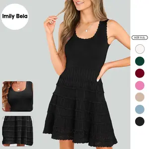 Imily Bela Womens Summer Mini Dresses Casual Crewneck Knitted Crochet Hem Flowy Tank Sundress