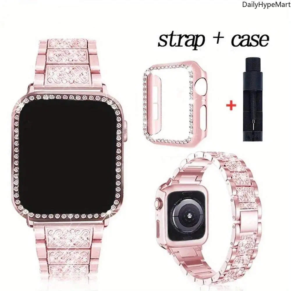 Luxury Women's Metal Band and Case Accessories for Apple Watch, Fashion Bracelet Strap Compatible with 40-46mm Sizes