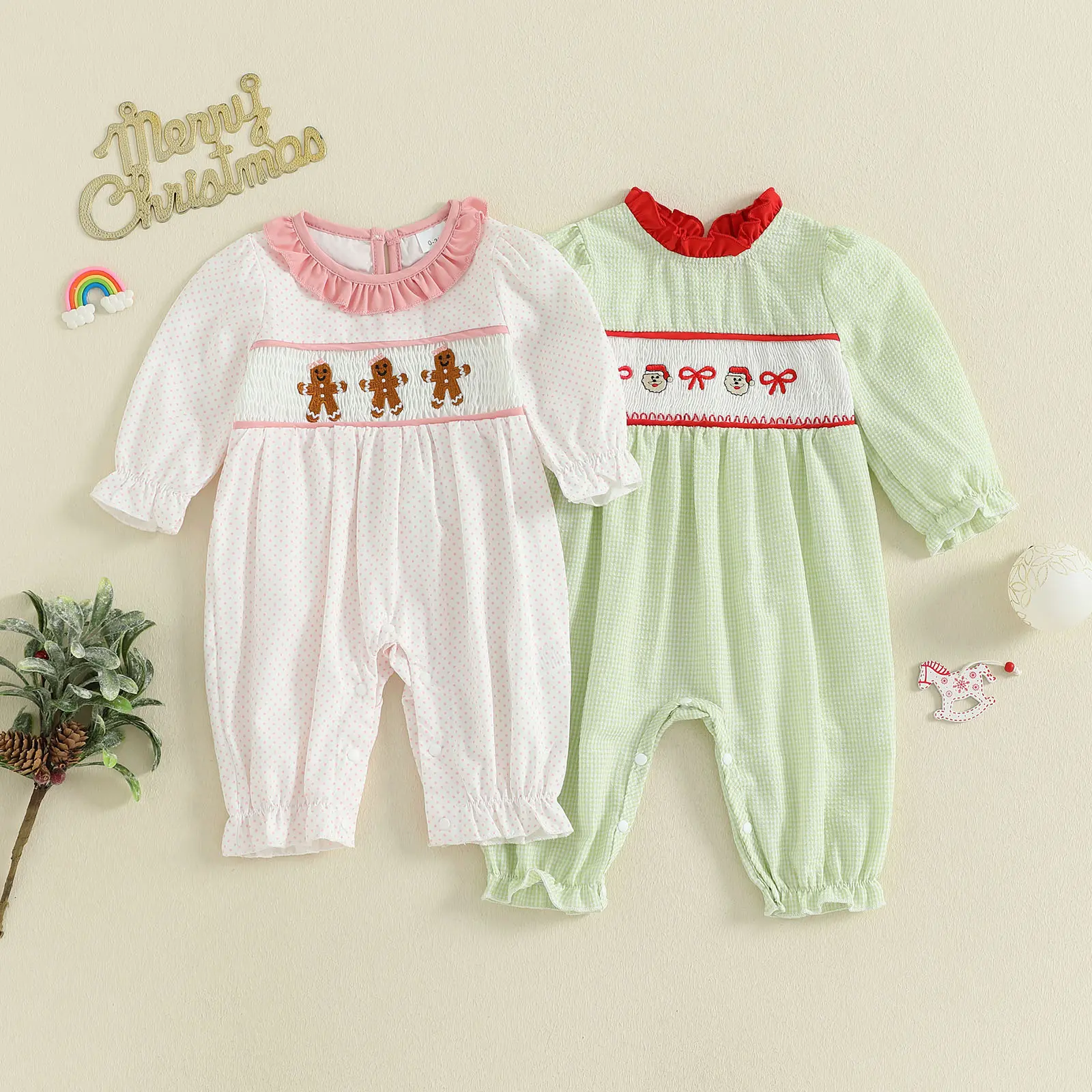 Infant Baby Girl Bubble Romper Santa/Gingerbread Embroidery Smocked Long Sleeve Christmas Fall Winter Jumpsuit 0-18 Months, Baby Clothes Girl, Infant Outfit