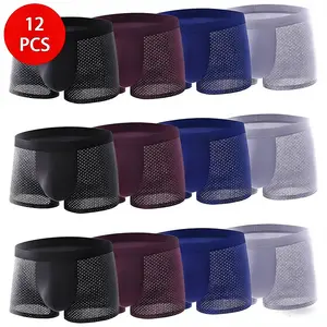 Men's 12-Pack Ice Silk Polyester Seamless Mid-Waist Casual Chic Menswear Underwear, Silky Breathable Boxer Briefs, Quick-Dry Moisture-Wicking Plain Boyshorts for Hot Weather, Ideal Gift for Dads