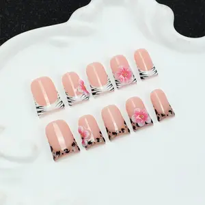 10 square handmade nail tips, 3D stereoscopic, carved, pink, leopard print, zebra print, hand drawn design, nail art patches, suitable for women's nail stickers, dating, daily wear shiny nails, including toolkits, gifts for girlfriends