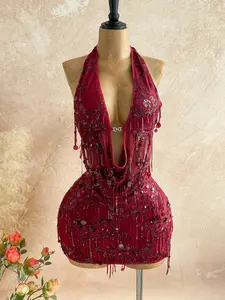 Women’s 2-Piece Shiny Matching Sleeveless Glam Sequin Tassel Set - Lightweight Comfortable Halter Top & Mini Skirt Outfit for Party, Concert Outfits