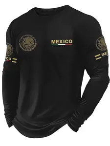 Men's Long Sleeve Round Neck T-Shirt, Eagle Pattern Design Mexico Letter Print, Casual Letters Print, Casual Fitted Top, Comfortable Daily Wear