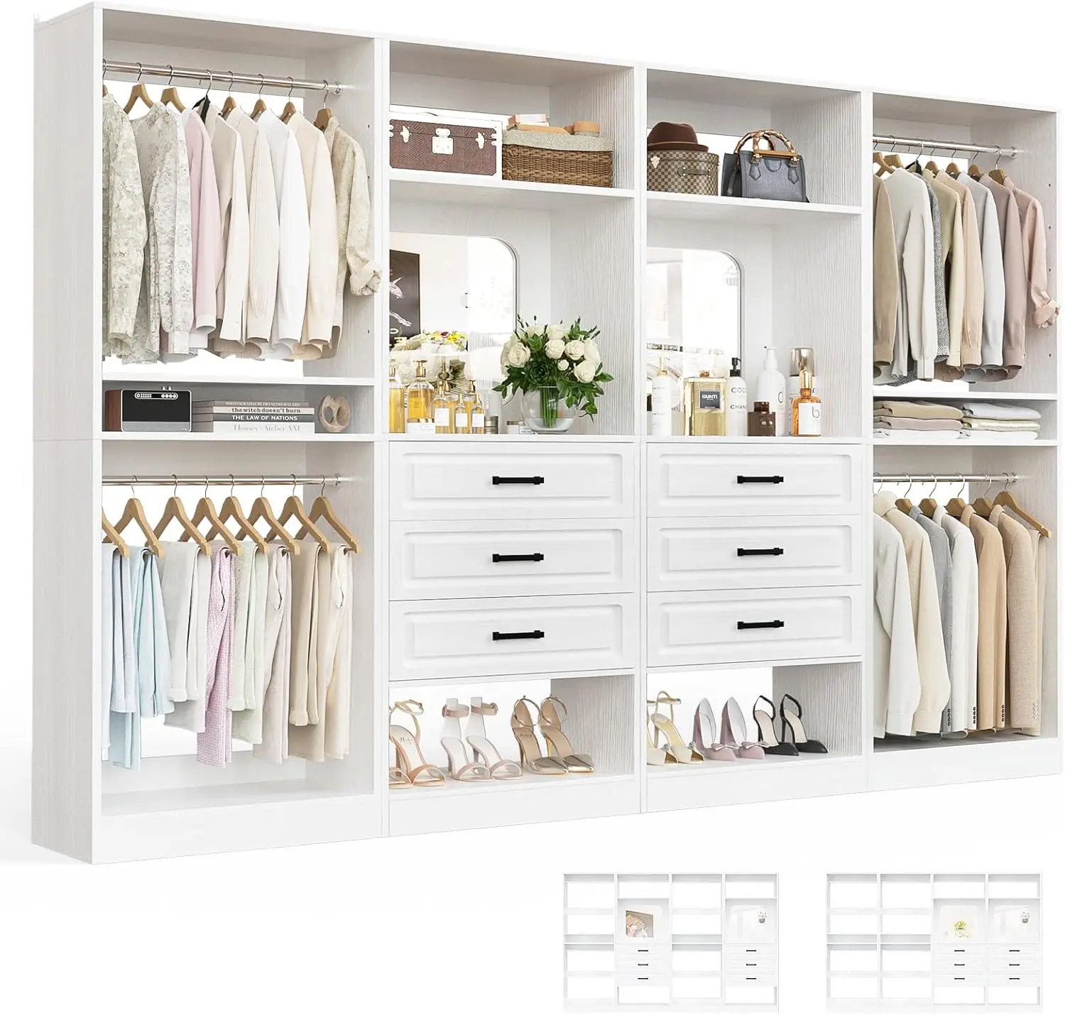 Unikito Closet System with Drawers, 100” Wood Closet Organizer with Hanging Rods and Mirror, Large Walk in Wardrobe Garment Rack with Adjustable Shelves, Sturdy Freestanding Closet Tower
