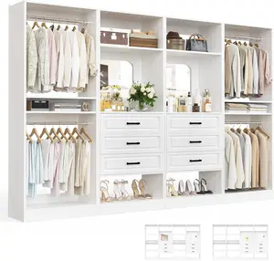 Unikito Closet System with Drawers, 100” Wood Closet Organizer with Hanging Rods and Mirror, Large Walk in Wardrobe Garment Rack with Adjustable Shelves, Sturdy Freestanding Closet Tower
