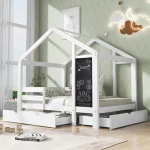 Bellemave Toddler House-Shape Wood Bed Frame, Multi-Size Twin/Full, Roofed Blackboard Top, Drawers, 2 Assembly Options, White, Enhanced Stability, Indoor Room Decor