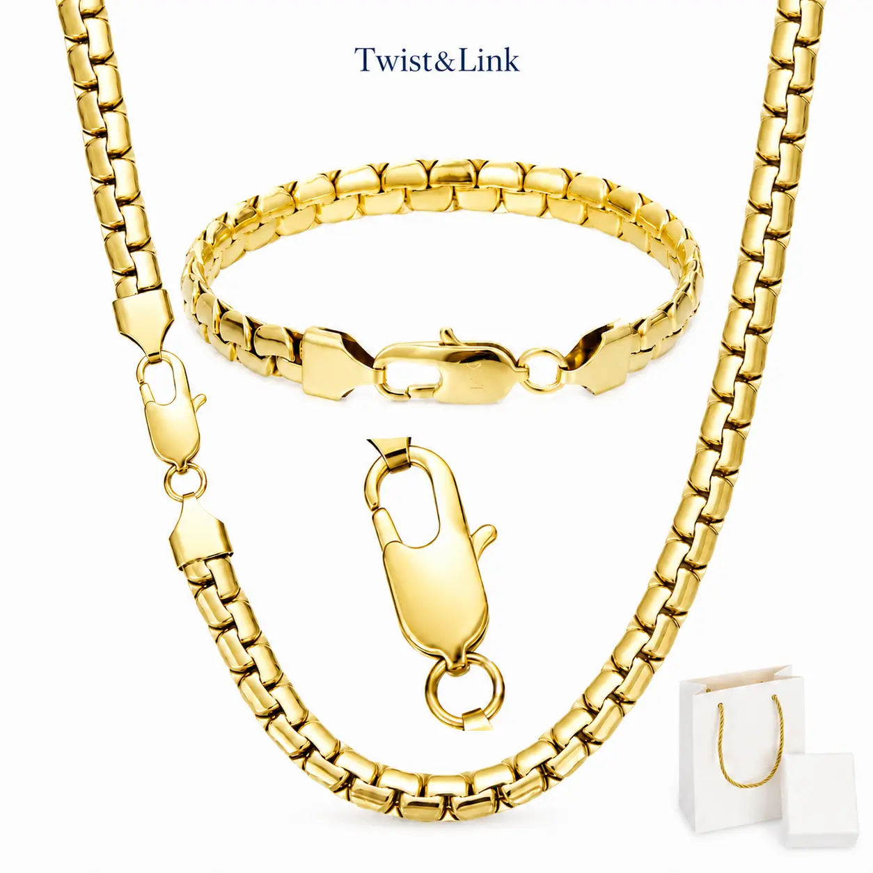 14K Gold Plated Flat Cuban Link Necklace & Bracelet Set, 7mm Waterproof Wear-Resistant Jewelry for Men Women