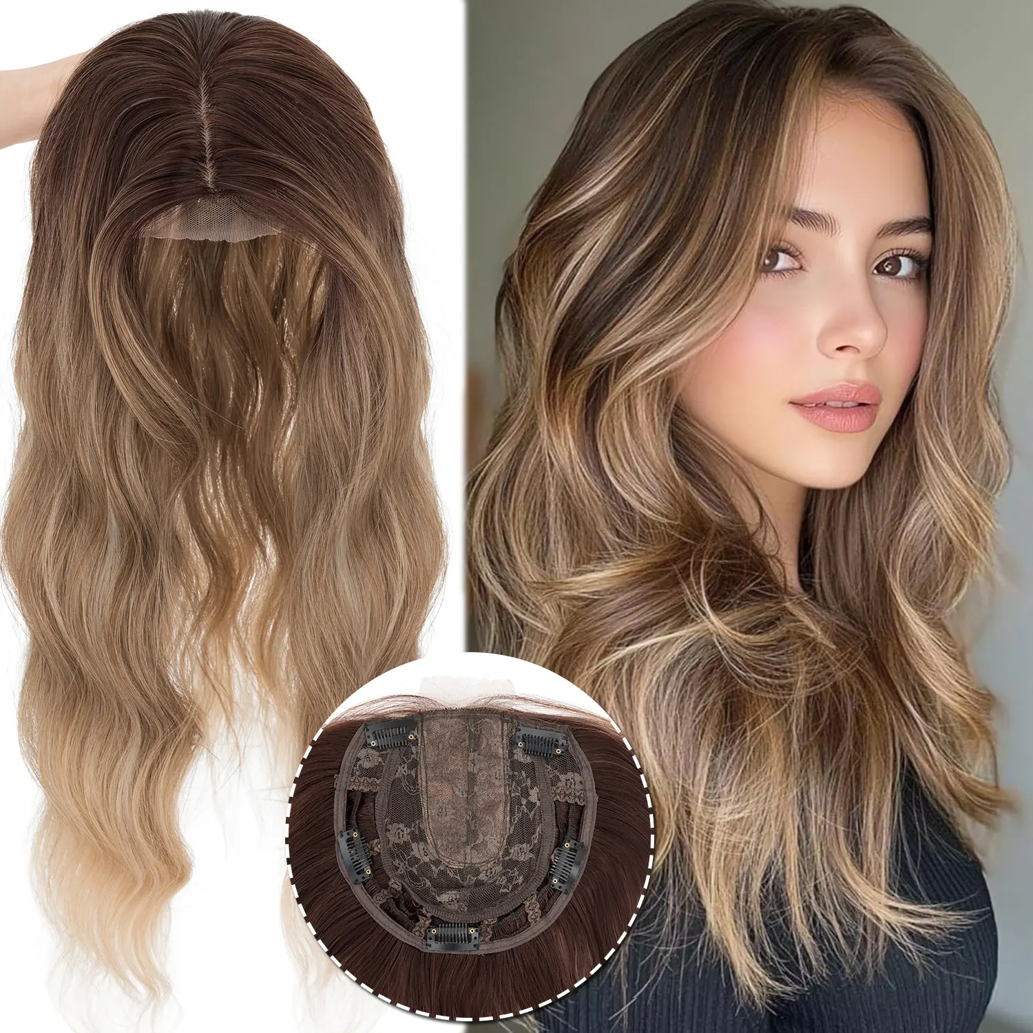 Women's 20in Fashion Water Wave Hair Topper - 6.5"x6.5" Large Lace Rose Base, Clip-In Synthetic Extensions & Pieces, Adults' Thinning Hair Coverage, Natural Volume, Concert-Ready Wiglet, Lace Front