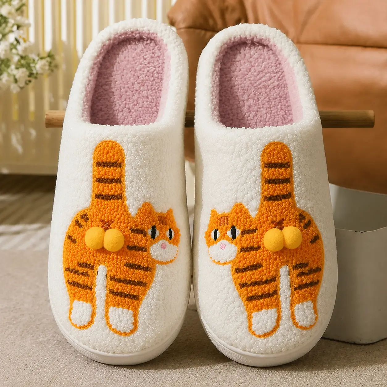 Women's Cute Orange Cat & Corgi Pattern Plush Slippers, Warm Fuzzy Indoor House Shoes with Double Pom-Pom Bell Detail, Slippers For Women, House Slippers