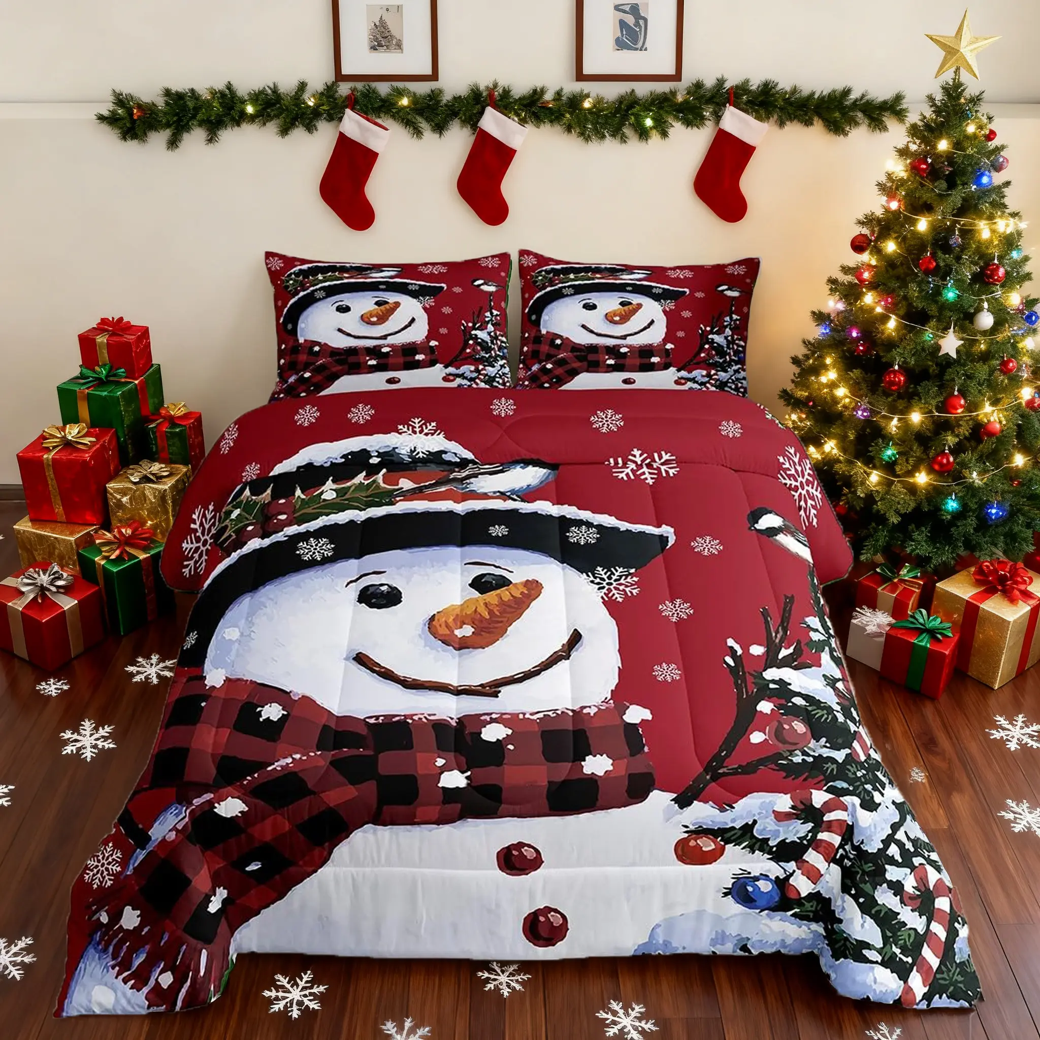 Christmas Snowman Theme Luxury Bedding Set - Red Kawaii Snowflake Decorative Comforter, Bedroom Bedding Set, Bed Sheet Sets, Decorative Bedding Set