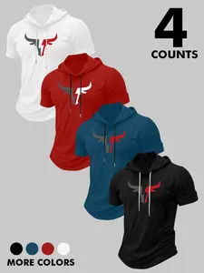 Men's Four-Piece Compression Hoodie Set, Casual Fitted Geometric Pattern, Minimalist, Without Zipper and Collar, Comfortable Daily Wear, Sweatshirts