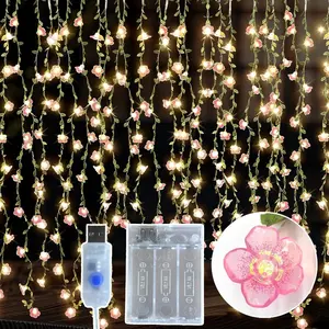 Cherry Blossom Vine Lights 108 LED 59"x31.5" Warm White Curtain String Lights Pink Flower Fairy Lights Romantic Valentine's Day USB Battery Box with 16.4ft Cord Bedroom Wall Deg Decoration