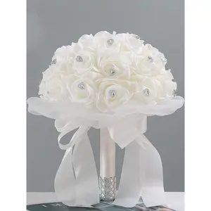 1pc White Bouquet For Bride Bridesmaids With Diamond Soft Ribbons Artificial Satin Ribbon Rose Bridal Holding Flowers For Wedding Party Summer Birthday Gifts Beach Back To School School Supplies Room Decor
