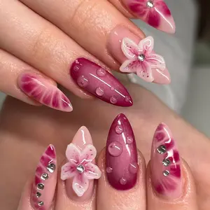 Almond Fake Nail, 24pcs/set Flower Decor Fake Nail with Nail File & Tape, Removable Nail Art Artificial Full Cover, Women Girls DIY Manicure, Shimmer Manicure