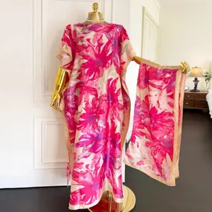 Lady's 2-Piece Leopard Print Kaftan Dress Set - Loose Silky Maxi Dress, Matching Shawl for Beach, Vacation Resort, Casual Wear, Slimming Design