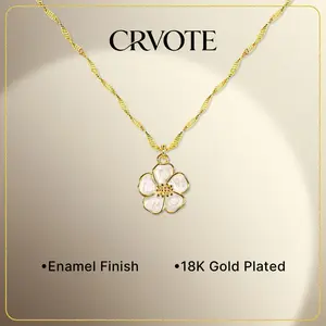 [2026 New Arrival] CRVOTE Dainty Sakura Flower Necklace, White Enamel Cherry Blossom Pendant, 18K Gold Plated Necklace for Women & Girls