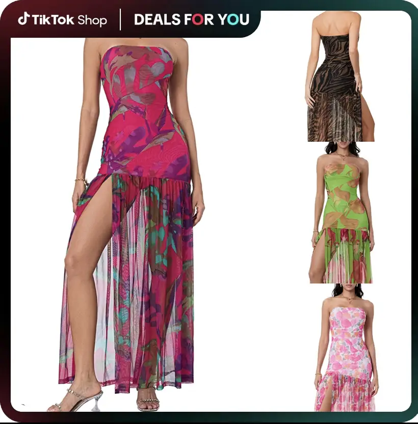 Women's Tube Top DressStrapless Backless Mesh Patchwork Tropical Leopard Print High Slit Long Dress for Party Club Night