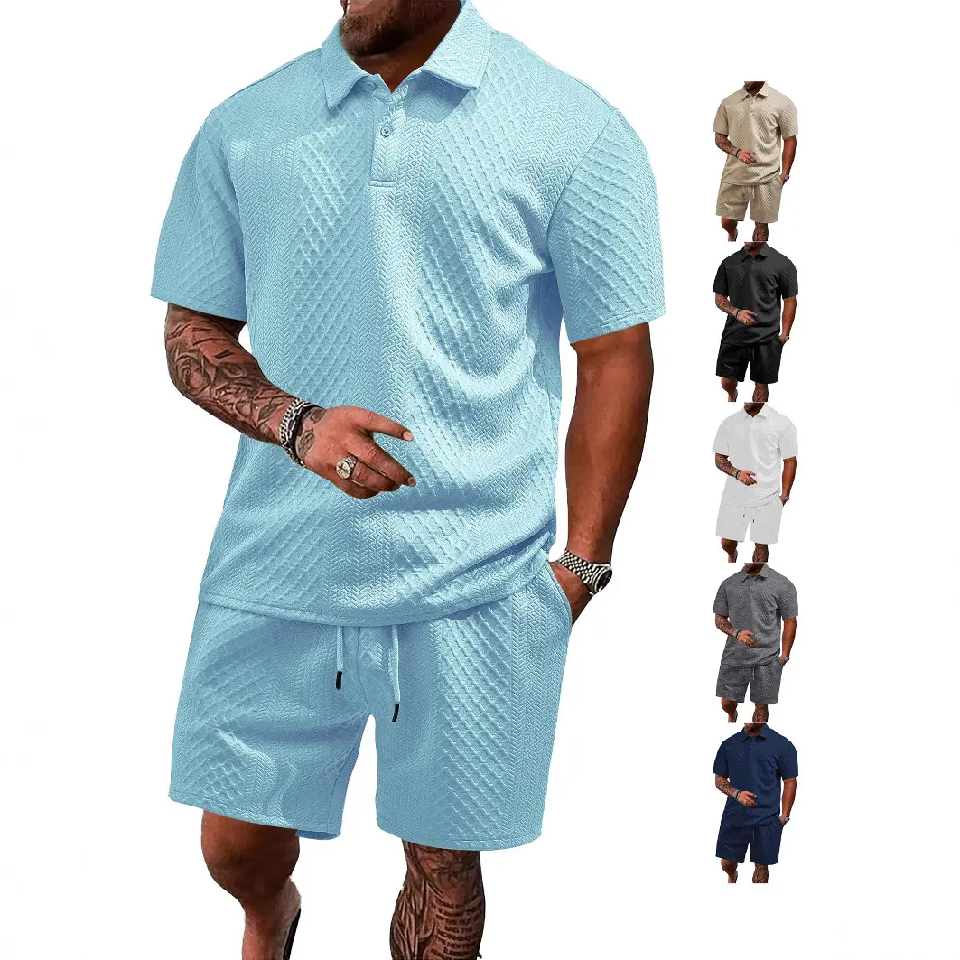 Men's knit two-piece set: short-sleeve polo shirt and drawstring shorts. Casual summer menswear, available in multiple colors; solid color, versatile, relaxed and comfortable style, #fathersdaygift