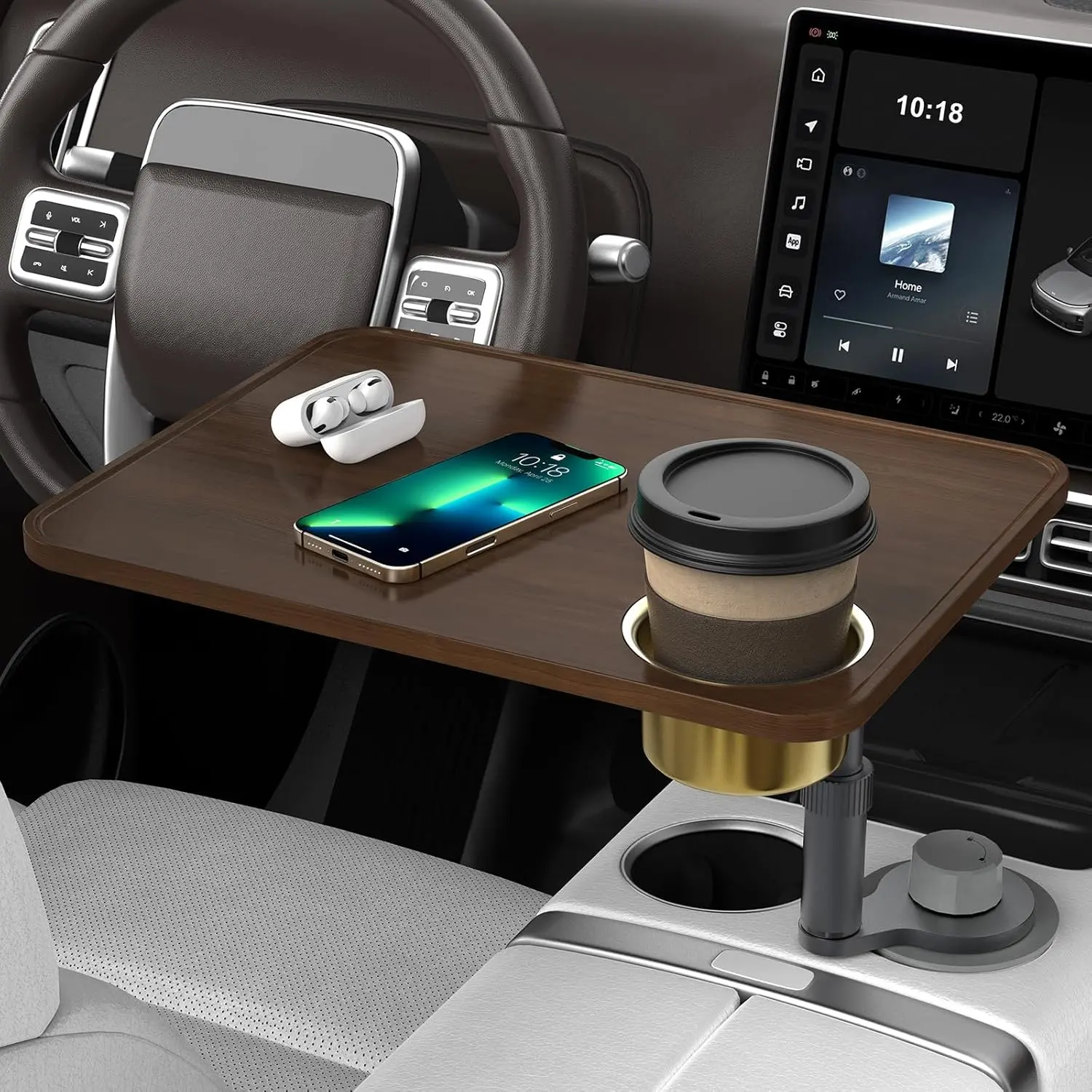 Car Desk Car Tray for Laptop & Food, Wooden Cup Holder Table with Adjustable Height, Car Accessories for Women & Men 360°   Rotatable Steering Wheel Tray for Tesla Model Y/3/S, Ford F150 & Most Vehicles