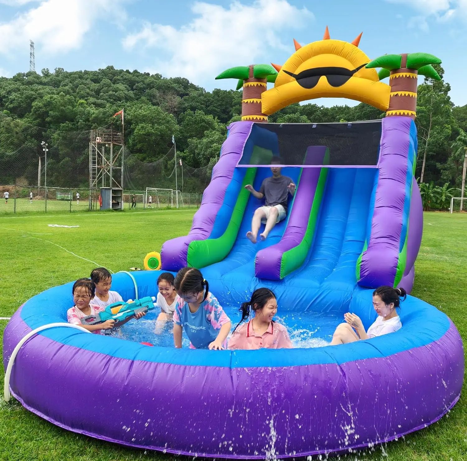 26FT Commercial Inflatable Water Slide for Adults Kids(Double Slide)(100% Heavy Duty PVC) (700lbs Capacity), 1100W Blower, Family Size Giant Pool for Outdoor Party Backyard, 26x12x14ft, Fast Drainage