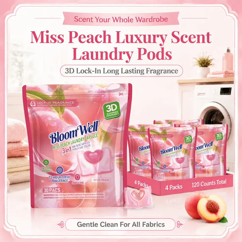 Family Size, BloomWell4th Gen 3D Fragrance Lock-In Microcapsule Beads, Long-Lasting Scent, Luxury Fragrance, Stain Removal, HE Compatible,Ultra Fast-Dissolving, Non-Bio Enzyme，1Bag/4 Bags Laundry Detergent Pods, 30 Pcs/Bag,Back to School Sale