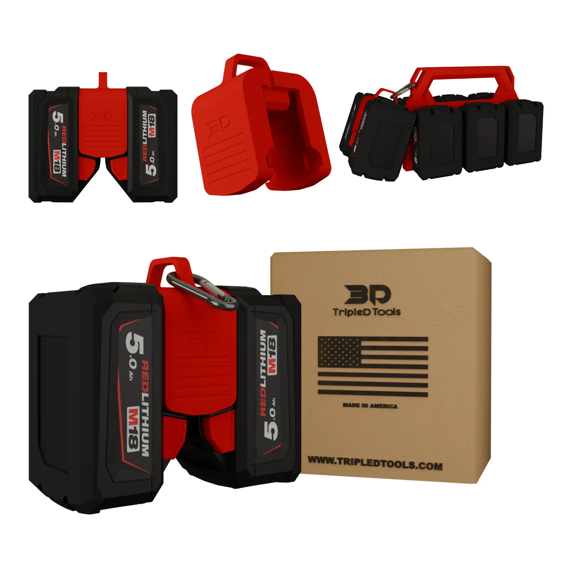 TripleD Tools Mini Carrier - Craftsmen Compatible 20V Battery Caddy, 2-Pack Secure Power Mount with Carabiner Loop, USA-Made Corn-Based Plastic Garage Tool Organizer, Red