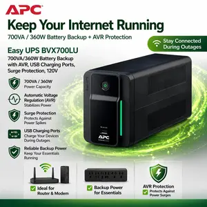 APC Easy UPS BVX700LU 700VA/360W Battery Backup, AVR, USB Charging Ports, Surge Protection, 120V