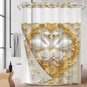1PC/4PCS 2D Flat Printing Golden White Embossed Swan Rose Patterned shower curtain, home bathroom decor, shower curtain set with 12 hooks, non-slip bathroom rug, U-shaped toilet seat cover, toilet seat mat, Bathroom Decoration Accessories