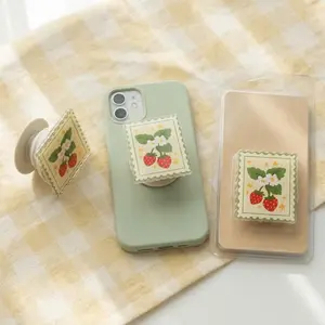 Strawberry Stamp Magnetic Phone Grip, Pink Checkered MagSafe Holder with Flower Illustration, Aesthetic Berry Griptok, Cute Summer Gift for Kindle Addicts