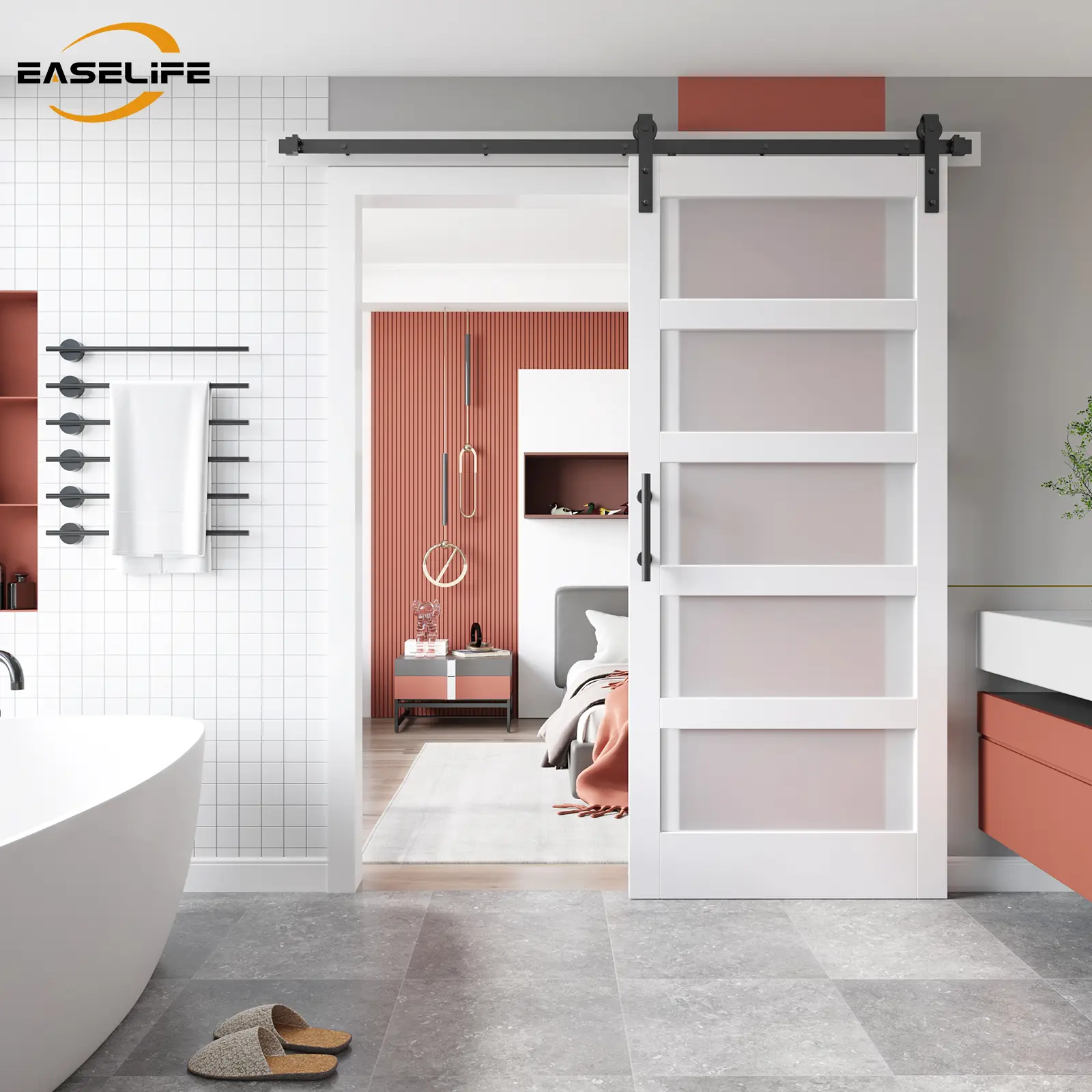Easelife-Glass Barn Door with Hardware Kit & Handle, Pre-Drilled Ready to Assemble, Waterproof PVC Coating Barn Door Design Lockable Slide Doors