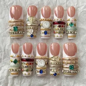 milo.nail&care Vintage Jewelry Press-On Nails, Gold Ring Stack & Gemstone Charm Design, Glossy French Tip Luxury Inspired Handmade Elegant Short Nail Set