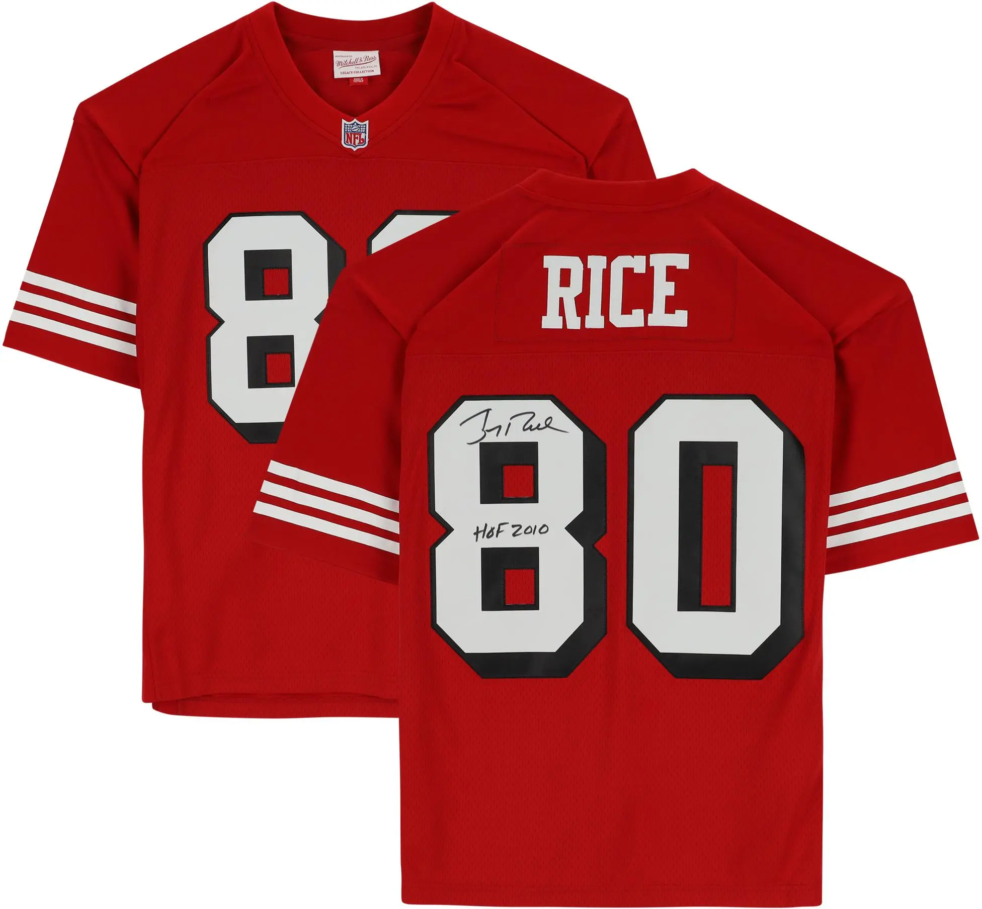 Jerry Rice San Francisco 49ers Autographed Red Mitchell & Ness Replica Jersey with "HOF 2010" Inscription - Fanatics Authentic Certified